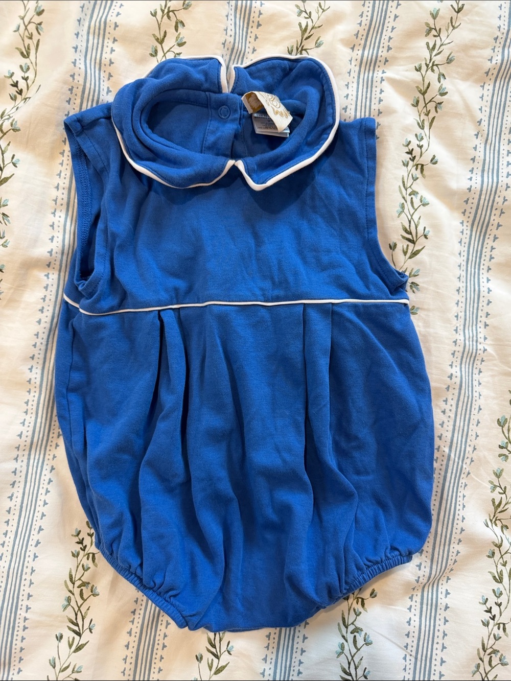 Blue Sleeveless Baby Bubble Romper with White Piping